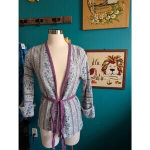 Vintage 70s Blue and Purple Acrylic Belted Cardigan Size Small